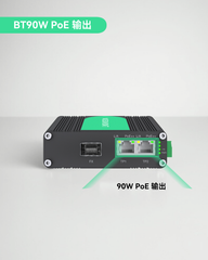 工业级双端口千兆BT90W PoE++交换机（带光纤SFP上行链路），支持IEEE802.3af/at/bt标准的迷你型PoE交换机