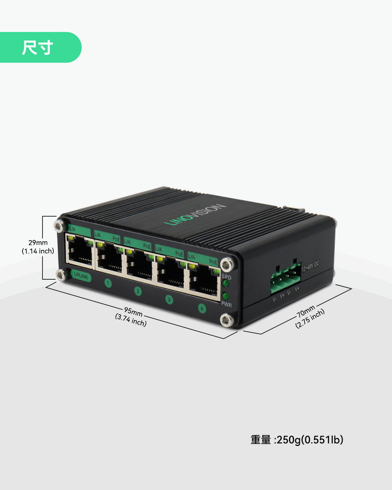 5口DC9-54V输入全千兆PoE交换机，带电压升压功能