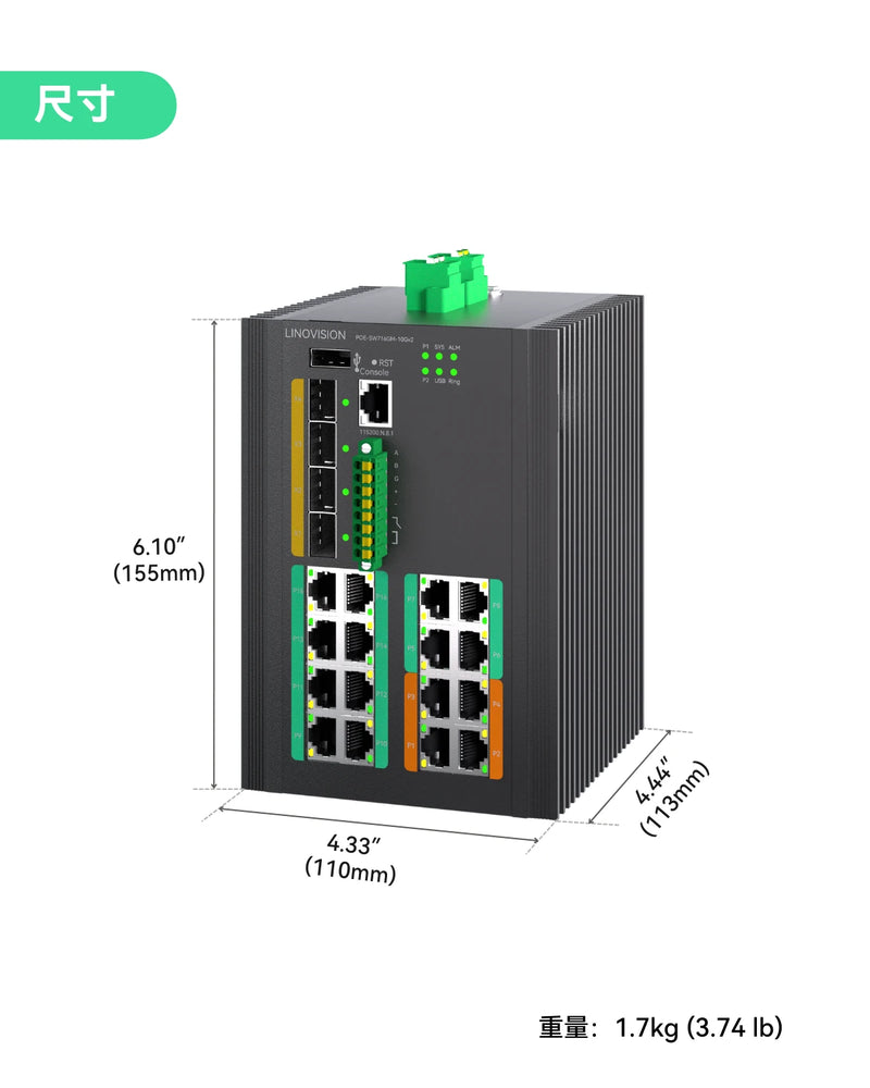 工业级16口全千兆L3管理型BT90W PoE++交换机，带4个10G SFP+上行链路口，PoE总功率预算370W