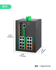 工业级16口全千兆L3管理型BT90W PoE++交换机，带4个10G SFP+上行链路口，PoE总功率预算370W