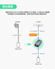 PoE转USB-C转换器，通过一根线实现数据传输和充电，支持10/100Mbps以太网，适用于手机和平板电脑