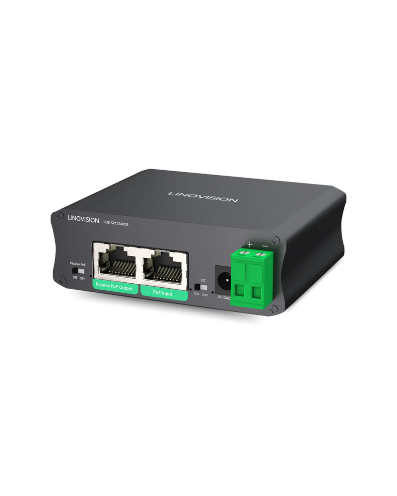 工业级千兆30W PoE分离器，支持切换DC12V/24V输出及无源PoE输出