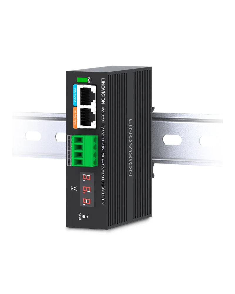 工业级802.3bt千兆90W PoE++分离器，带24V直流输出及可调输出电压3-36VDC