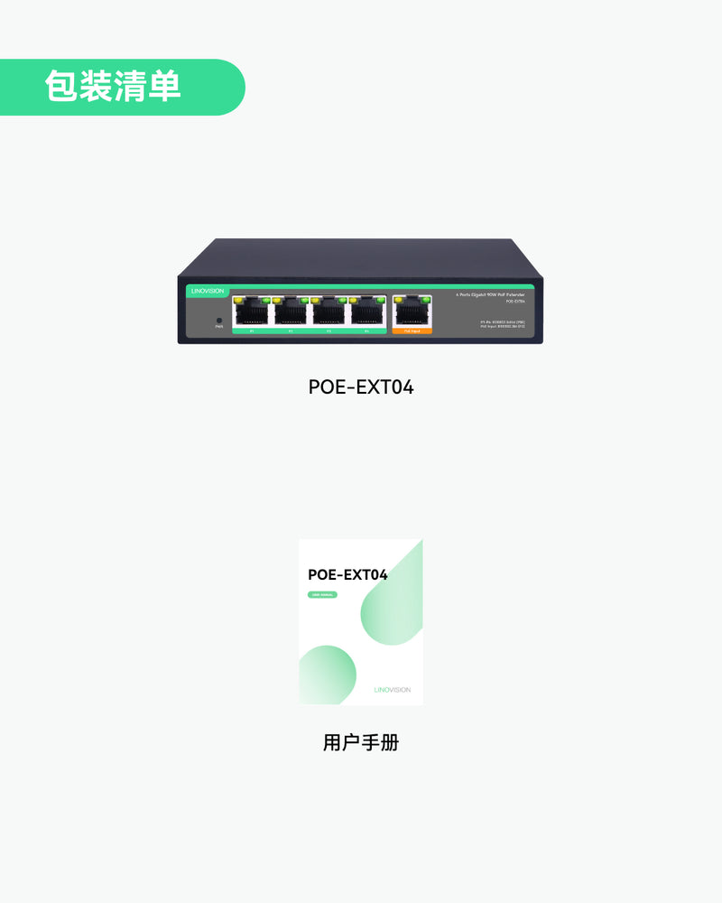 4口千兆POE延长器，带 90W POE 输入，1进4出POE中继器