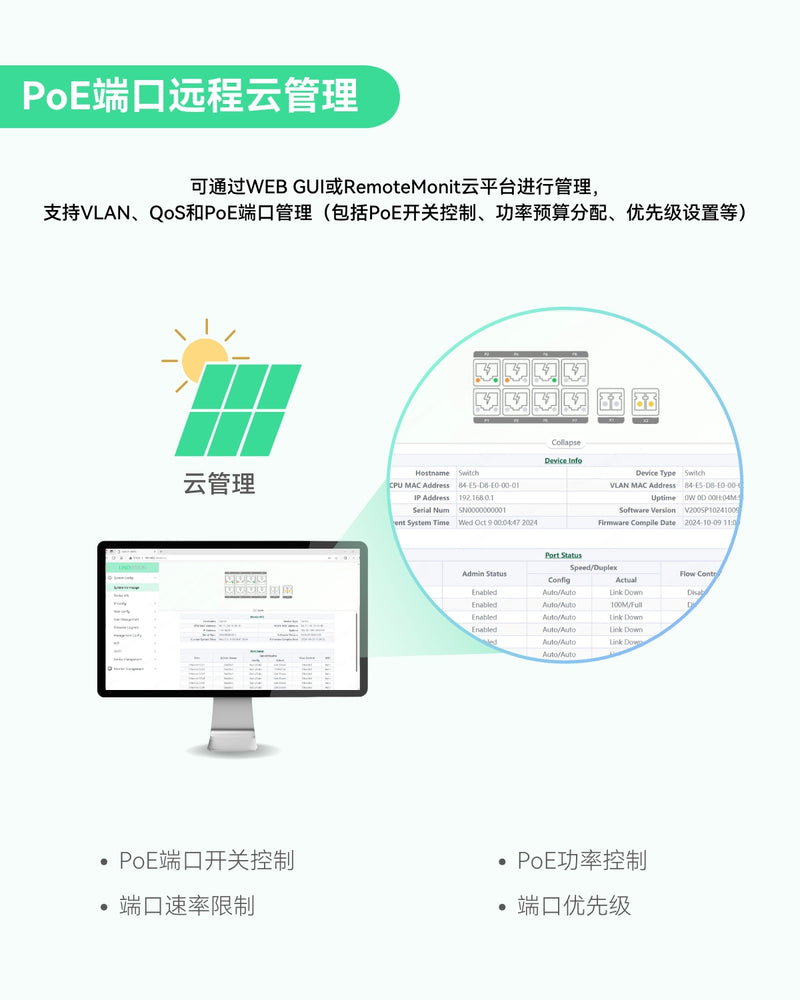 工业级8口全千兆PoE交换机，支持DC8~57V宽电压输入，适用于太阳能或房车UPS系统的24V/12V PoE交换机