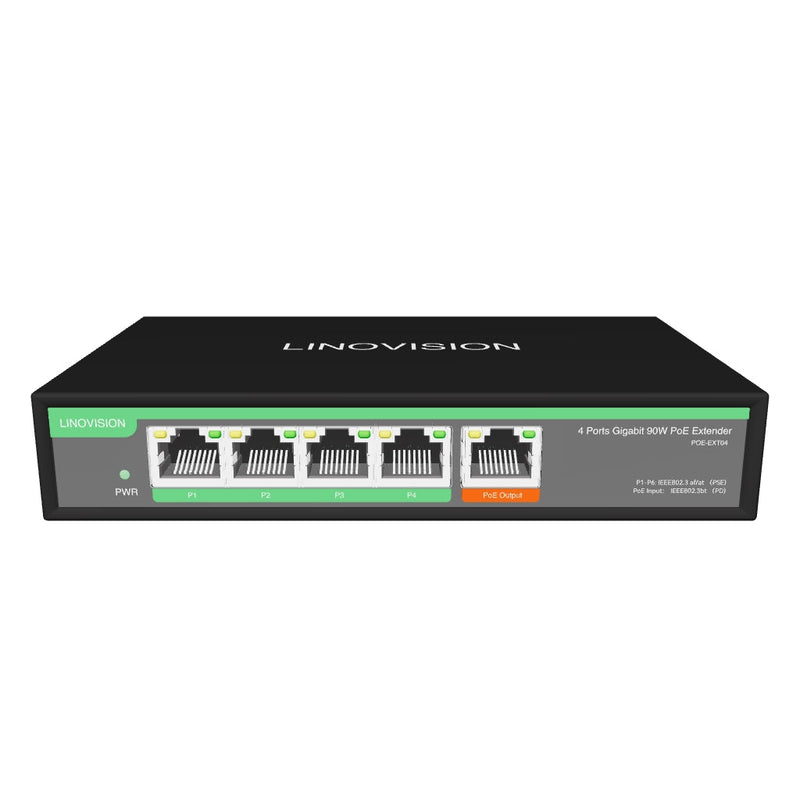 4口千兆POE延长器，带 90W POE 输入，1进4出POE中继器