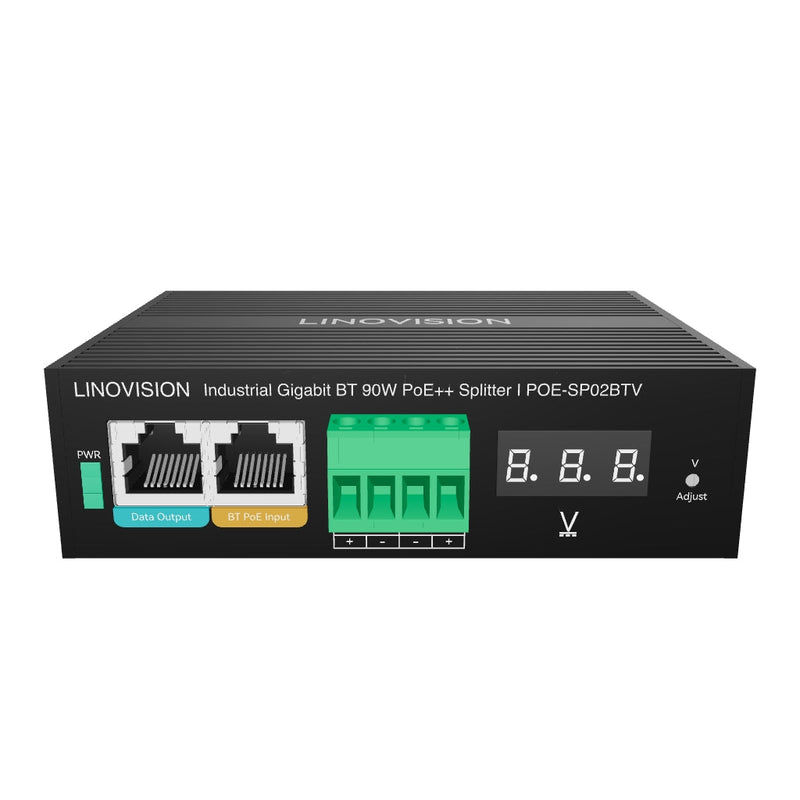 工业级802.3bt千兆90W PoE++分离器，带24V直流输出及可调输出电压3-36VDC