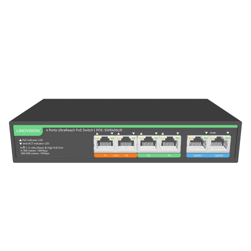 4口UltraReach PoE交换机，支持远程云管理，长距离PoE及数据传输可达800米